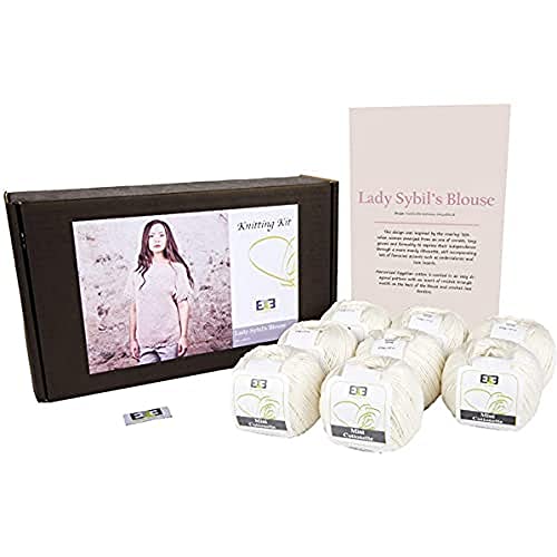 DesignEtte Camicetta Sybil Lady Sybil's-Kit per lavori a Maglia per Adulti, 100% Cotone Egiziano Mercerizzato, gomitoli e Motivo in Un Set per Principianti, 50 g, 127 m, 5 Strati, Grigio Chiaro 39, S