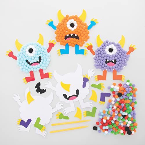 Baker Ross Monster Pom Pom Art Kits Pack of 5, Design your own Halloween decorations, pom pom crafts for kids to make, decorate and display, creative activities for kids.