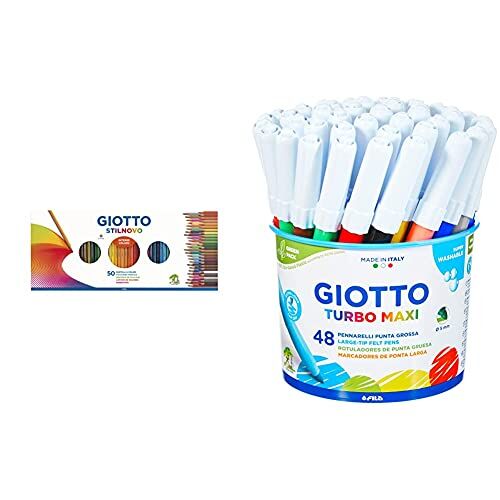 Giotto Stilnovo Set Con 50 Lápices Y 1 Sacapuntas, Multicolor & Turbo Maxi 521400 Pennarelli, Punta Larga, 5Mm, Confezione Da 48