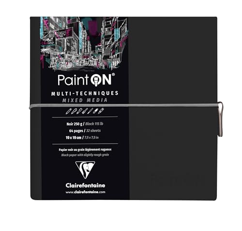 Clairefontaine Taccuino cucito Paint'On 64 fogli 19x19 cm carta nera 250g, chiusura con elastico, copertina morbida nera