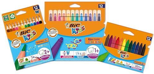 BIC Kids, Set Colori per Bambini, 12 Matite Colorate, 12 Pennarelli Colorati Lavabili, 12 Pastelli a Cera, 36 Unità, Cancelleria Scuola e Casa