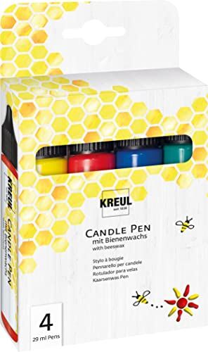 KREUL -Set di 4 Penne, Giallo, Rosso, Blu, Verde, 29 ml ciascuna, Punta fine per Pittura, Colori con Cera d'api per Decorare e dipingere Le Candele, Yellow, Red, Blue, Green, 4 x 29 ml