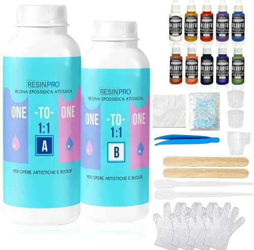 Resin Pro ® Kit Resina Epossidica Trasparente per la Creazione di Gioielli, Creazioni Artistiche con Resina da 410 g, Guanti, Bastoncini, Bicchieri, Pipette, Paiettes, Colori, Pinzette, Dispenser