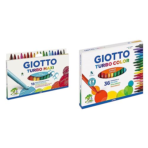 Giotto Turbo Maxi F076300, Pennarelli, Punta Larga da 5mm, Confezione da 18 & Turbo Color Astuccio da 36 Pennarelli a Punta Fine, 2.8mm, Colori Intensi