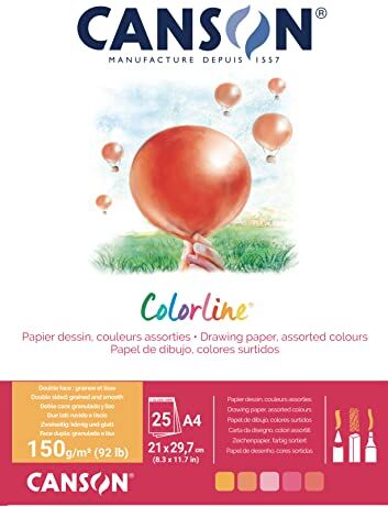 Canson Colorline- Blocco collato lato corto di 25 fogli A4, 150 g/m², colori assortiti giallo,mandarino,rosa,fucsia,rosso