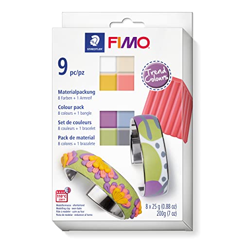 Staedtler 8023 C8-1P FIMO Pasta modellabile polimerica morbida indurente al forno, colori assortiti (confezione da 12 mezzi blocchi da 25 g e 1 braccialetto)