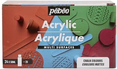 PEBEO Acrilico Multi Superfici Set 24 flaconi da 59 ml di colori opachi assortiti + accessori Kit di pittura acrilica per artisti e principianti 2 pennelli Colori luminosi e opachi