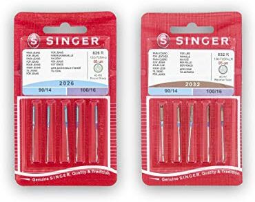 Singer Kit di 2 confezioni di aghi per cucire pelle e tessuti (826R + 832R) 2026 e 2032 130/705 H-J e H-LL (universali, piatti su un lato)