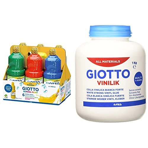 Giotto 530900 Assortimento 6 Flaconi da 1 Litro Tempera Pronta Schoolpaint Lavabile & Vinilik Barattolo 1kg