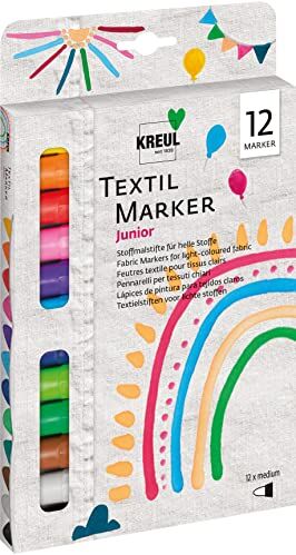 KREUL 90720 Textile Marker Medium Junior, 12 matite Colorate per Tessuti Chiari, con Punta in Fibra insensibile, Larghezza del Tratto Circa 2-4 mm, Resistenti al Lavaggio Dopo Il Fissaggio