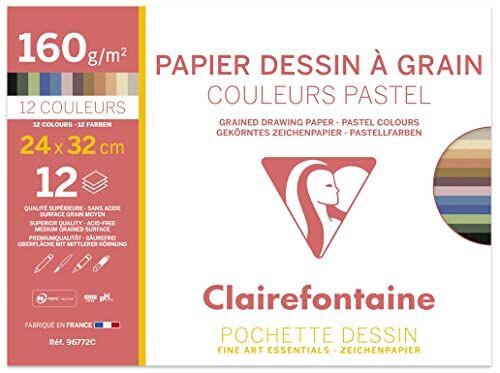 Clairefontaine -Pochette Etival, carta colorata, a grana, 12 fogli 24x32 cm 160 g, colori pastello assortiti