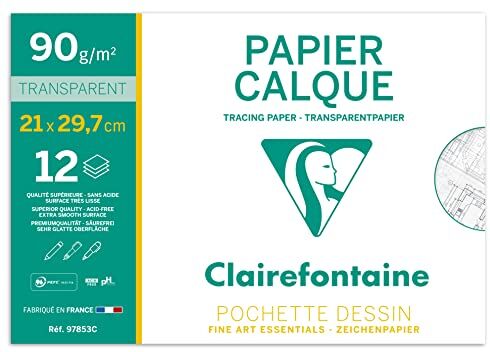 Clairefontaine C Pochette per Disegno scolastico 12 Fogli Carta da lucido altamente trasparente A4 21x29,7 cm 90/95g Ideale per il Disegno tecnico