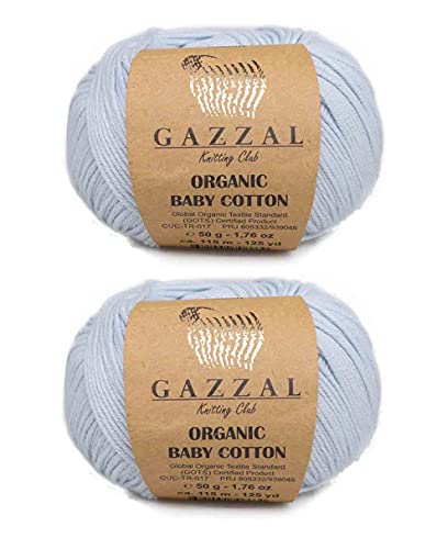 GazzalYarn Gazzal Filato di cotone biologico 100% cotone biologico, 2 gomitoli (confezione da 99,8 g ciascuno, 50 g) / 125 anni (115 m), 3 DK leggero, Global Organic Textile Standard (GOTS) (417 Baby Blu)