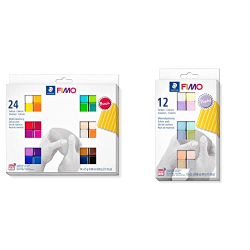 Staedtler FIMO soft ofenhärtende Modelliermasse, Kartonetui mit 24 sortierten Basic-Farben, 24 Halbblöcke à 25 g & FIMO Pasta per modellare soft, indurita in forno con 12 colori pastello assortiti