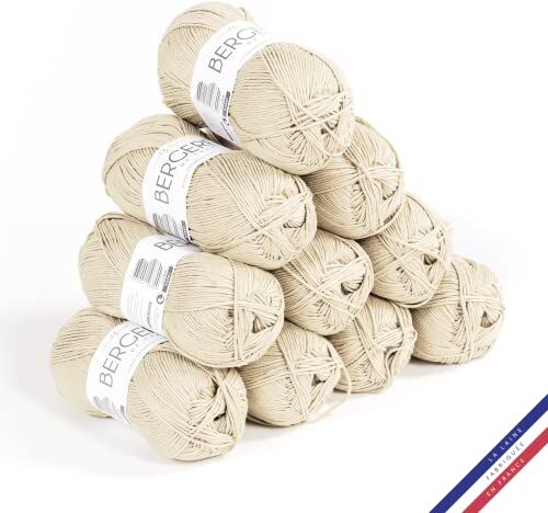 Bergere de France Bergère de France 100% COTON BIO, 10 gomitoli di lana per lavoro a maglia e all'uncinetto (10 x 50 g) 100% COTON BIO 3 mm filato tondo per l'estate Beige (Ecru)