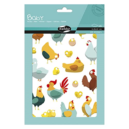 Maildor Bustina da 6 fogli di adesivi 3D Baby galline Adesivi 3D decorativi- dai 2 anni Adesivi 3D formato grande hobby creativo per bambini Foglio da 14,8x21 cm 123 adesivi 3D