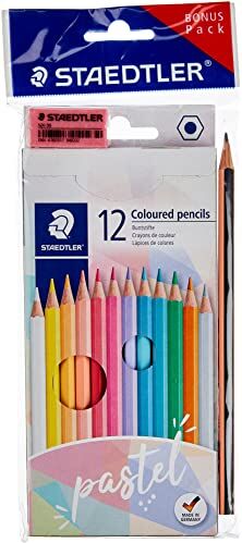 Staedtler Matita colorata 146, classica forma esagonale, mina morbida, colori altamente pigmentati, 12 colori pastello in astuccio di cartone, confezione bonus con matita e gomma, 146 SET PA 146