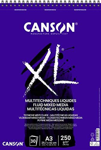 Canson XL Fluid Mix Media album per colori fluidi spiralato lato corto 250g/m grana liscia A3 30 fogli, extra bianco