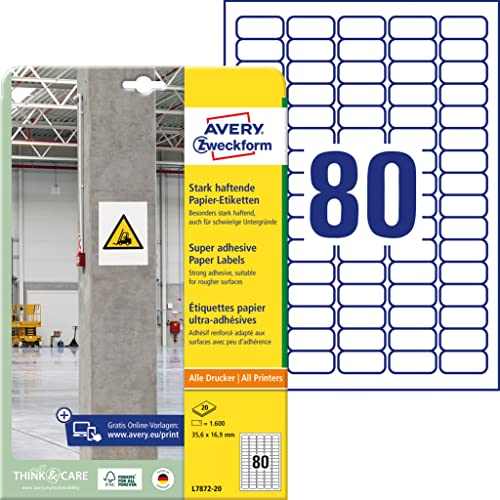 Avery l7872 – 20 forte haftende carta autoadesiva, 35,6 x 16,9 mm, 20 fogli/1600 etichette, colore: bianco