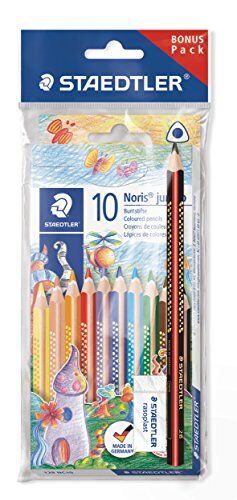 Staedtler Jumbo Crayons Noris Club, maggiore resistenza alla rottura, forma triangolare, sistema ABS, adatta ai bambini secondo DIN EN71, set di 10 colori brillanti, gomma e matita, 61 SET7