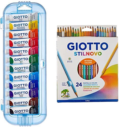 Giotto - Tubetti Tempera 7,5 ml-assortito-3025 00 (conf.12), 49658X & Stilnovo pastelli colorati in astuccio 24 colori