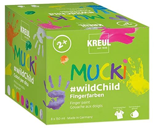 KREUL Mucki  #wildChild Set di pittura a dita di alta qualità con 8 barattoli di vernice a base d'acqua da 150 ml, adatto a bambini dai 2 anni in su