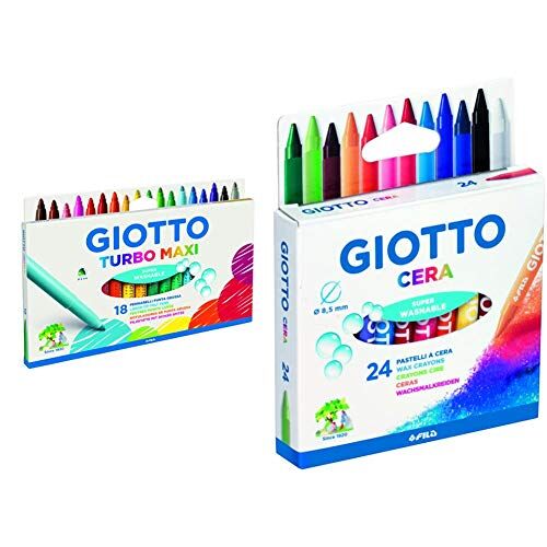 Giotto F076300 Turbo Maxi Pennarelli Punta Grossa 18 Pezzi, Multicolore & 282200 Pastelli A Cera In Astuccio Da 24 Colori