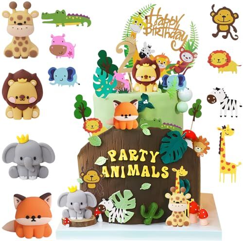 Teselife Decorazioni Torta Compleanno Animali 2 Anni, Giungla 2° Compleanno Ragazzo Torta Decorazione, Animali Foresta Safari Cake Cupacke Topper, Deco Compleanno per Bambini Ragazzo