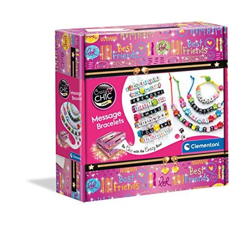 Clementoni - Alphabets Crazy Chic-Message Bracelets, Set per Creare, Atelier Gioielli, Braccialetti con messaggi, Gioco Creativo Bambina 7 Anni+, Multicolore, 300 gr,