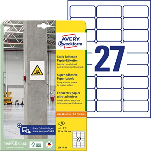 Avery l7874 – 20 forte haftende carta autoadesiva, 63,5 x 29,6 mm, 20 fogli/540 etichette, colore: bianco
