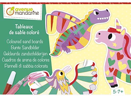 Avenue Mandarine Kit creativo sabbia colorata animali fantastici 4 quadri da colorare e da appendere Ganci adesivi inclusi-Hobby creativi, fai da te A partire dai 5 anni