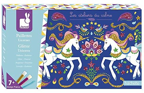 Janod Kit Glitter Unicorni Les Ateliers du Calme Kit Creativo per il Tempo Libero Dei Bambini Sviluppo della Motricità Fine e della Creatività Dall'Età di 7 Anni,