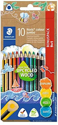 Staedtler , Matite colorate Noris colour jumbo Promotion, ergonomiche triangolari, resistenti e morbide, realizzate in legno Upcycled Wood, striscio intenso, 10 matite colorate in astuccio di cartone,