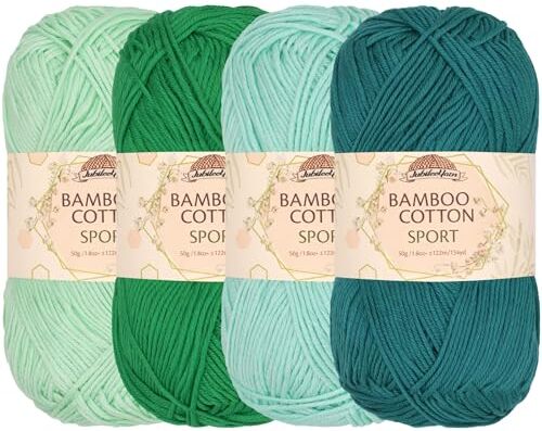 BambooMN JubileeYarn Filato sportivo in cotone di bambù, 50 g, tonalità di verde, 4 matasse, 50 g