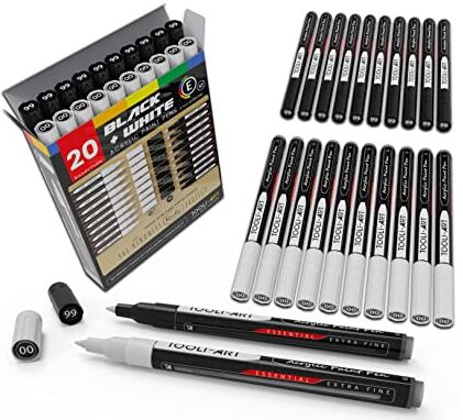 ART Set di 20 pennarelli per vernice acrilica in bianco e nero con punta extra fine, pittura su roccia, tela opaca, tazze, metallo, vetro, vernice, tessuto, legno, fai da te, atossico