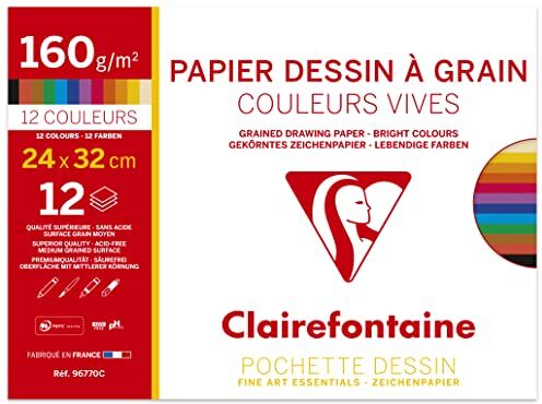 Clairefontaine Pochette per Disegno scolastico 12 Fogli di carta a grana Colori Vivaci Assortiti 24x32 cm 160g Ideale per le arti plastiche