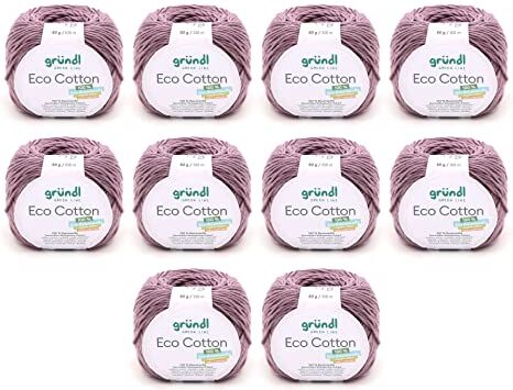 Gründl Lana Eco Cotton (filato in 100% cotone biologico, certificato Oeko-Tex®, facile da pulire e lavabile, 50 g/105 m, spessore ferri: 3,50 – 4,50 mm, 10 x 50 g), colore: malva