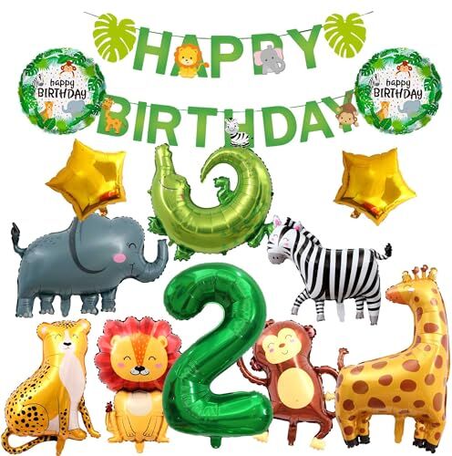 ZHGIUWER Palloncini Compleanno Giungla Animali, 2 Anni Decorazioni Compleanno con Banner di Compleanno con Animali Buon Compleanno Banner, Foresta Animali Tema Palloncini per Ragazza Ragazzi