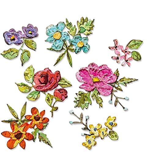 Sizzix 666284-Set Set di Fustelle Thinlits, 14 Pezzi, Motivo Fiori a Pennello, Mini di Tim Holtz, 666284, Multicolore, One Size