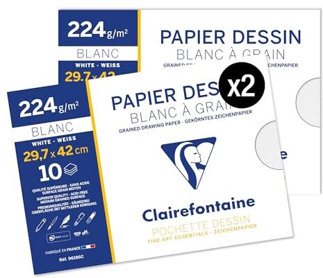 Clairefontaine Set di 2 buste per disegno scolastico, 10 fogli di carta da disegno bianco a grana – A3 29,7 x 42 cm, 224 g, ideali per le arti plastiche