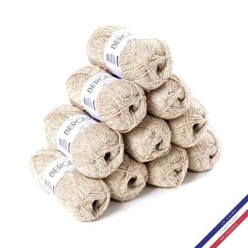 Bergere de France Bergère de France LIN COTON, 10 gomitoli di lana per lavoro a maglia e all'uncinetto (10 x 50 g) 30% lino 3 mm Filato naturale per l'estate Beige (Etretat)