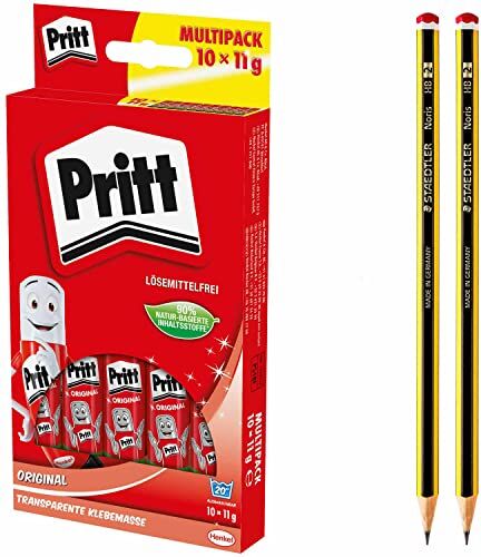 Pritt Penna adesiva , colla sicura e adatta ai bambini per arte e artigianato, adesiva forte per articoli scolastici e per ufficio, set di risparmio con 10x 11 g Pen  e 2x penne HB