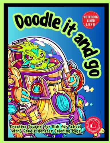 ADVENTUREINK, LEO doodle it and go: notebook lined 8.5 x 11: "Creative Journal for Kids for School with 3 Doodle Monster Coloring Pages