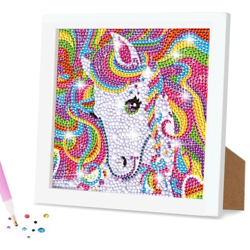 AUAUY Diamond Painting Kit, 5D Diamond Painting Gatti Kit con Cornice in Legno, DIY Diamante Painting Bambini Pittura Kit Craft Arts Regalo per Decorazione Della Parete di Casa Bambini (Unicorno)