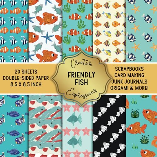 Creative Friendly Fish Patterned Double-Sided Craft Paper, 8.5" Square: Decorative Specialty Pad for Scrapbooks, Junk Journals, Origami, Cardmaking