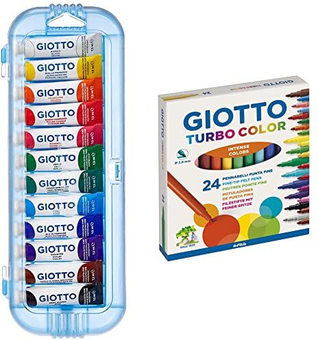 Giotto Tempera Extra Fine, Astuccio Da 12 Tempere In Tubetto, Multicolore, 7.5 Ml (Confezione Da 12) & TURBO COLOR Ast. 24 pennarelli