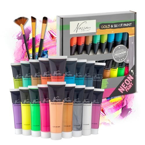 Nassau Fine Art Set Colori Acrilici: 18 Colori di Qualità inclusi Colori Fluorescenti e Oro e Argento Metallizzati   36 ML   Resistenti all’Acqua, Ottima Copertura e Asciugatura Veloce