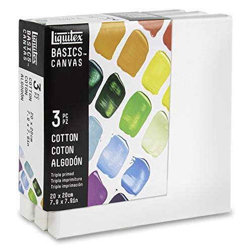LIQUITEX Basics set da 3 tele per pittura bianche 20x20cm 100% cotone, 280 g/m² intelaiate per dipingere – tele per pittori – telaio in legno comodo e resistente