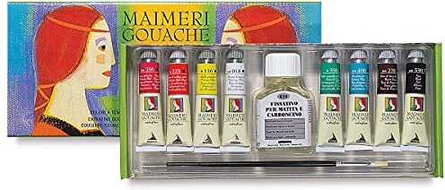 Maimeri Scatola Cartone Con 8 Tubi da 20ml Colori a Tempera Extrafini E Accessori