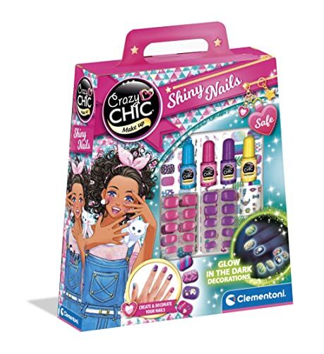 Clementoni - Crazy Chic-Shiny Nails-Kit finte, Set Bambina 6 Anni Decora Unghie Fluorescenti, Trousse smalti, Regalo per Manicure, Gioco Creativo, Multicolore, Medio,